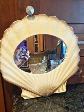 Coastal Seashell  Shaped Wood Mirror - Pale Gold Tone